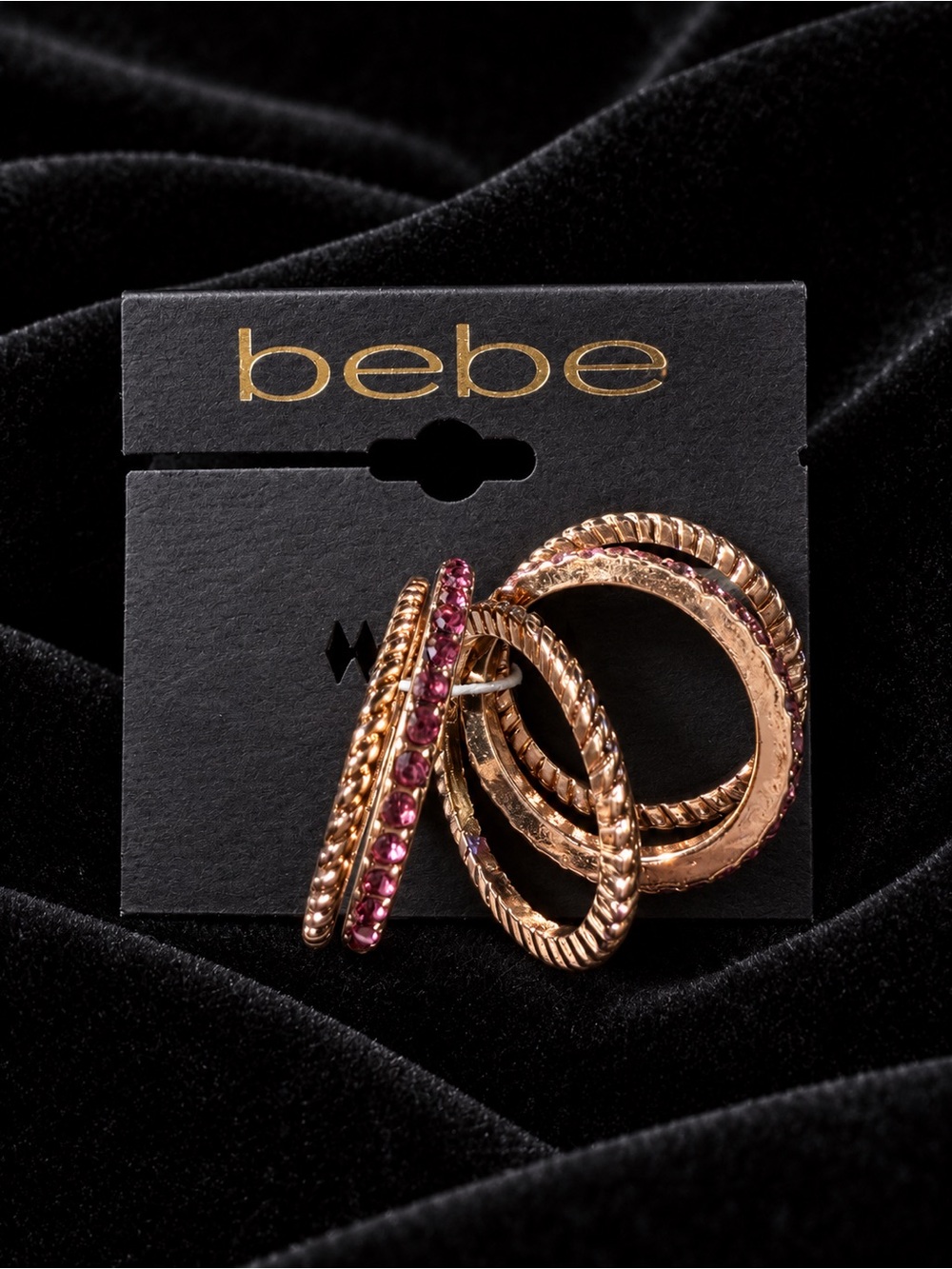 bebe Rose Gold Tone Stackable Ring Set with Pink Crystals Size 9 1/2